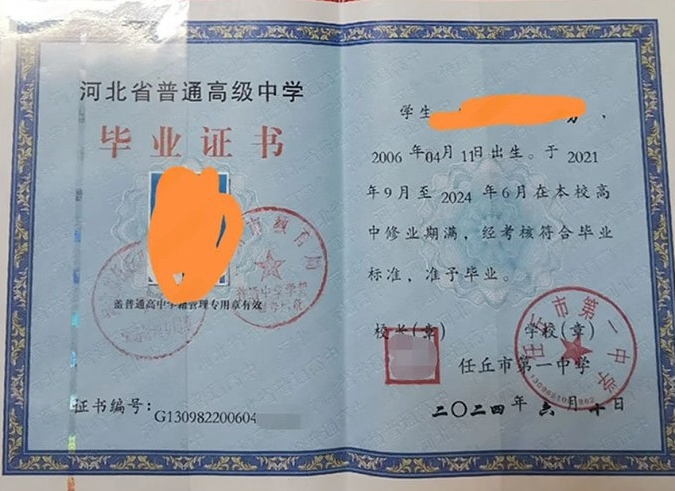 成都任丘市第一中学高中毕业证样本图片