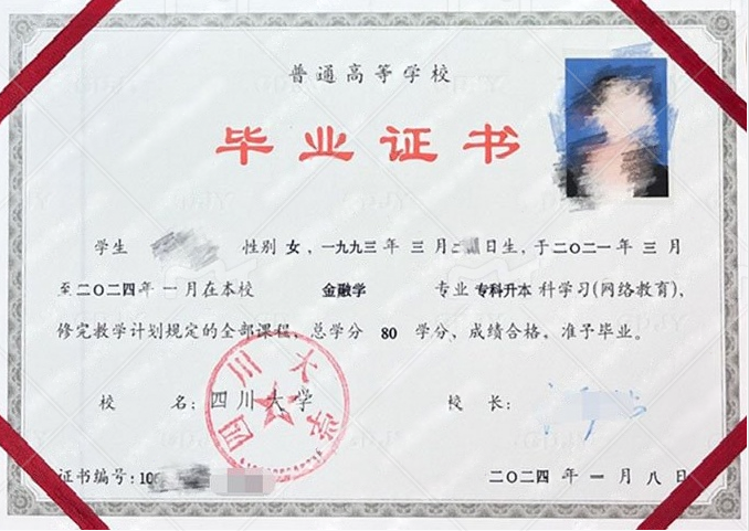 四川大学2024年网络教育专科升本科毕业证书样本图片（金融学）