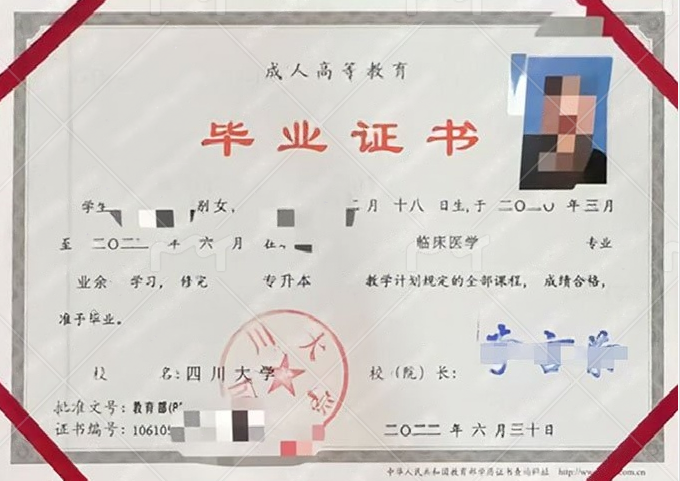 四川大学2022年业余专升本科毕业证书样本图片（临床医学）
